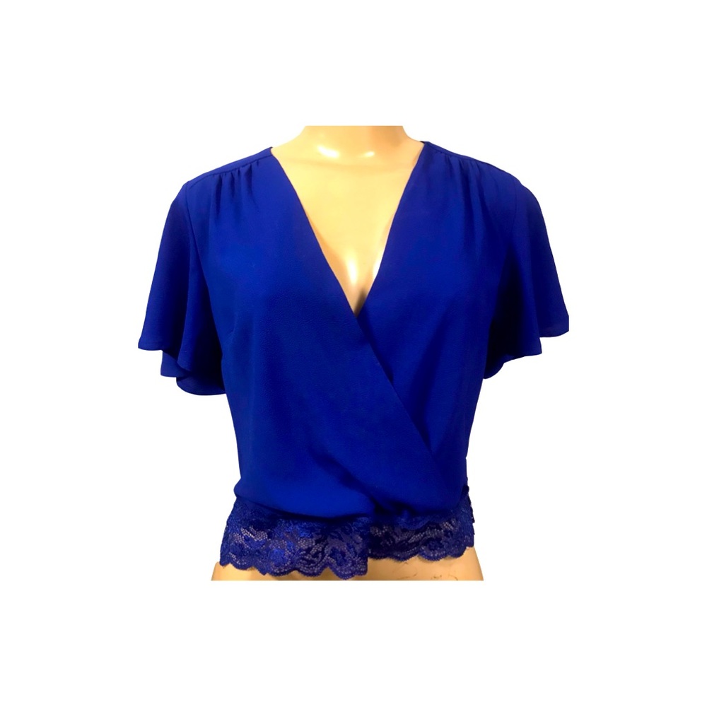 Monteau Cobalt Blue Lace-Trim Wrap Crop Top